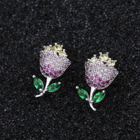 Stunning Tulip Diamond CZ Silver Stud Earrings - Picture 2 of 5